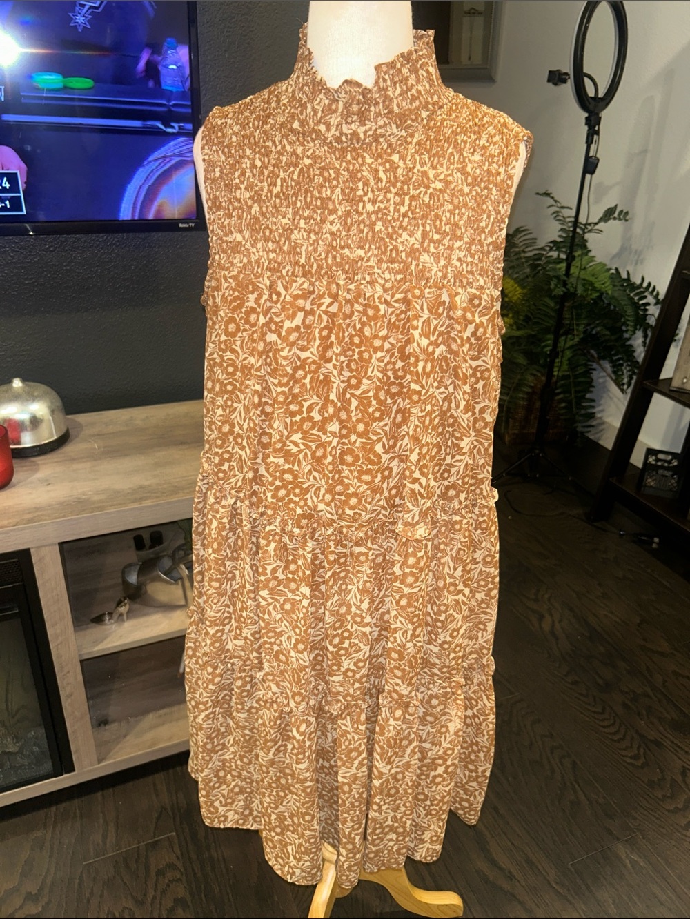 Taylor Sleeveless Smocked High Neck Floral Tiered Dress in Rust/White